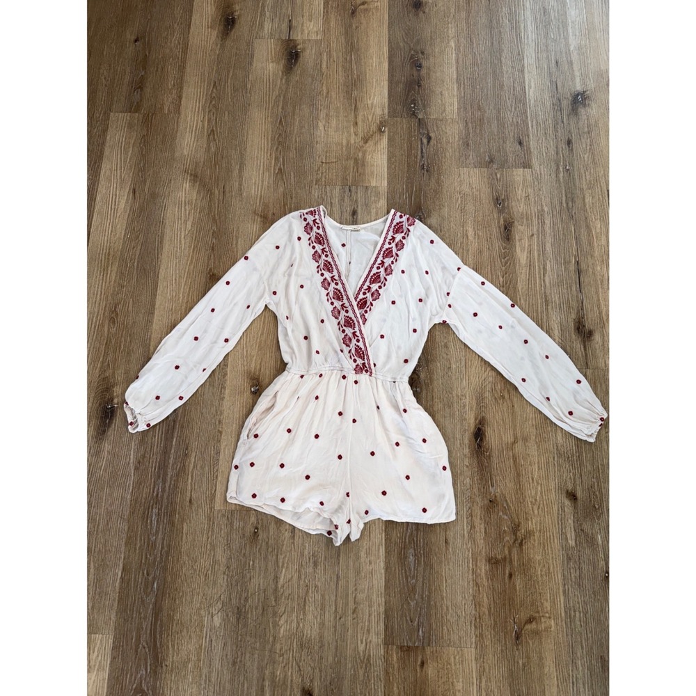 Chloe & Katie Romper Womens S Cream Burgundy Floral Embroidered Boho Festival